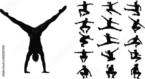 Collection of black silhouettes, set of people doing parkour, free running, jumping, handstand, and athletic poses, urban sport, isolated vector illustration.