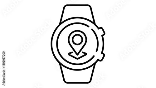 Outline icon of a gps smartwatch displaying a location pin, representing navigation and activity tracking. Vector