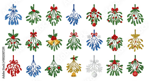 Collection of decorative mistletoe bunches for christmas, isolated on