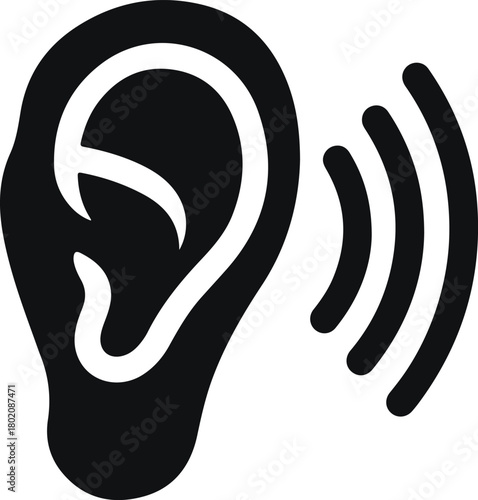 Black and white icon representing hearing with sound waves