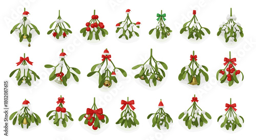 Collection of mistletoe sprigs decorated for christmas, isolated on