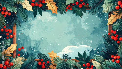 Winter holiday frame with pine branches and red berries surrounding snowy blue background, evoking festive and cozy seasonal atmosphere