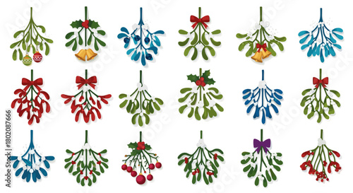 Collection of mistletoe sprigs with bows and ornaments isolated on
