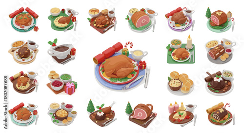 Collection of festive christmas dinner dishes and food items