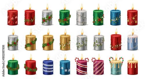 Collection of festive christmas candles isolated on