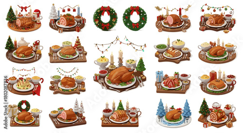 Collection of christmas holiday meals isolated on