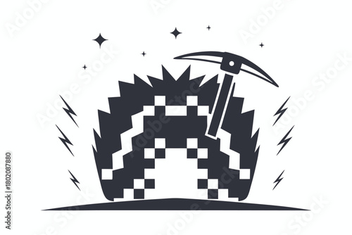 Pixelated mountain is mined by a pickaxe with lightning strikes and some stars