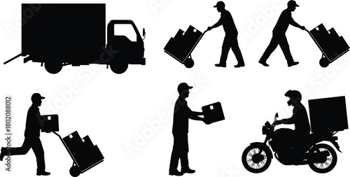 Set of black silhouettes, delivery service collection, man pushing hand truck, holding package, delivery truck, and motorcycle courier, isolated vector illustration.