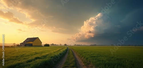 Yellow barn sits on green field under dramatic sunset sky. Storm cloud gathers over Dutch countryside, casting long shadows on the land. Rural path leads towards distant trees.