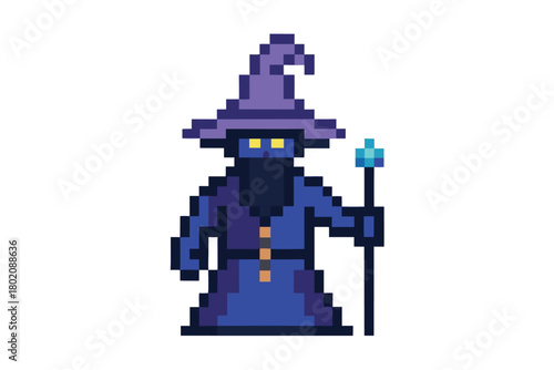 Pixelated magician stands with a magic staff, wearing a blue robe and a pointed hat