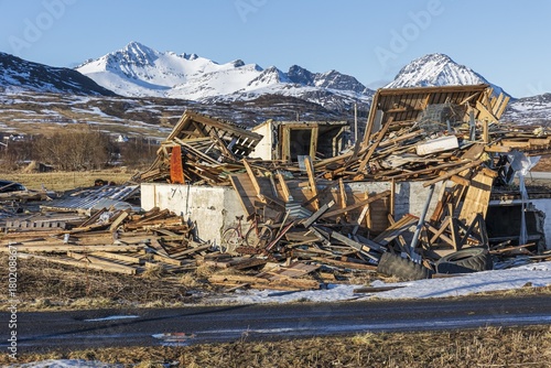 Destroyed building after heavy storm, January 2024, climate change, Leknes, Vestvagoya, Lofoten, Norway
