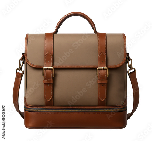 Canvas satchel with leather accents and a separate shoe compartment.