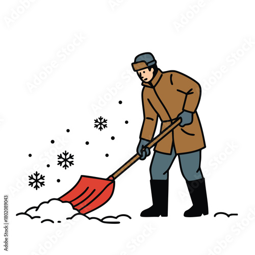 Winter scene featuring a man shoveling snow with a red shovel in a snowy environment 