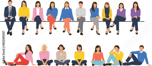 20-Word Title: Collection of diverse people sitting, men and women in casual clothes, group on ledge and floor, isolated flat vector illustration set.