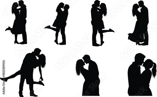 Romantic couple kissing silhouettes collection, passionate lovers embrace poses, valentine romance design, love relationship concept, isolated vector