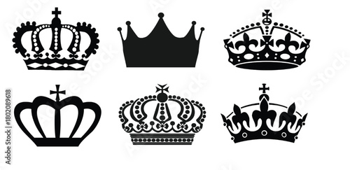 Set of Six Black Royal Crown Silhouettes Icons