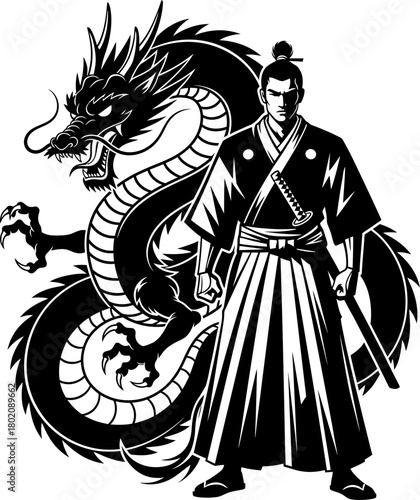 Dragon wear yudo suits. Japan Martial Arts Judo Aikido Dojo Budo Clipart Line Art Vector Illustration. Mythical creature garment uniform for oriental combat practice, Samurai Warrior with Dragon