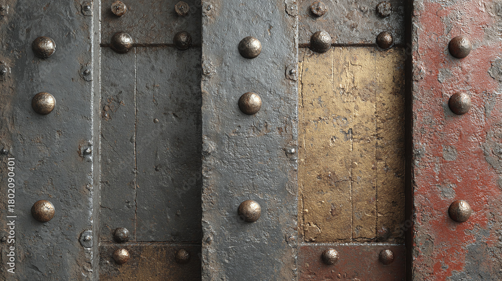 Fototapeta premium Detailed close-up of aged metal textures with rivets