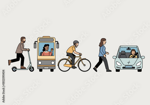 Various modes of transportation with people scooter, bus, bicycle, pedestrian, and car, in a row