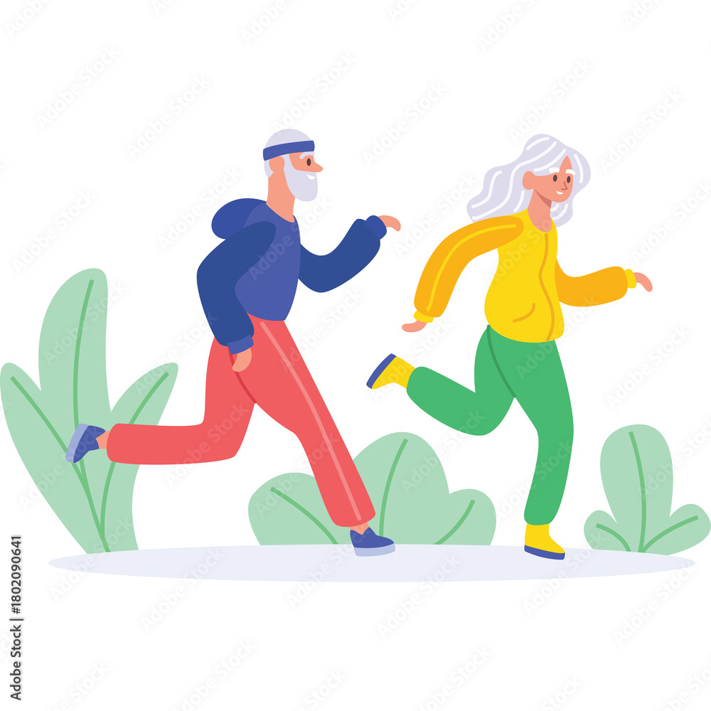Obraz premium Elderly couple in athletic wear jogging together outdoors with green foliage in the background and a clean transparent background for easy compositing