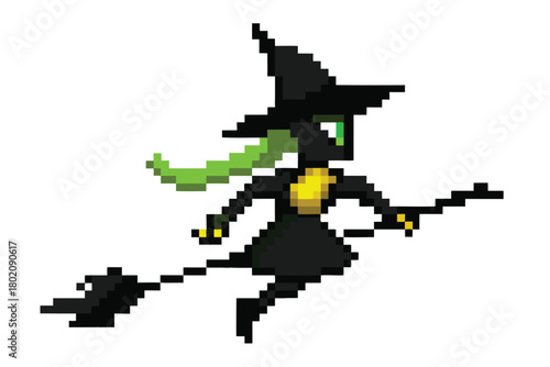 Pixelated witch character flies on broomstick with green hair for Halloween illustrations and designs