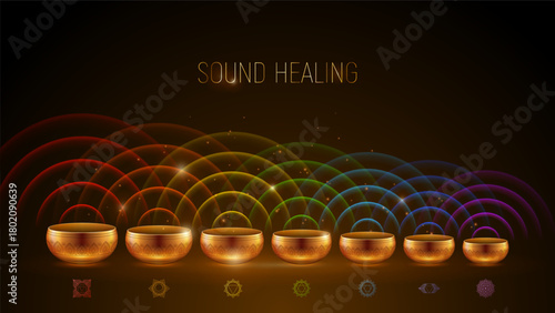 Sound healing vector background with singing bowls, chakras and waves