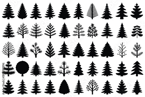 Forest and pine tree vector set, Tree silhouette icon collection, nature foliage design bundle, simple black isolated tree shapes. Black Christmas tree silhouettes collection, winter pine shapes, fest