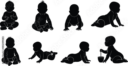 Set of black baby silhouettes, collection of cute infants, babies sitting, crawling, and playing with a bucket, isolated vector illustration.