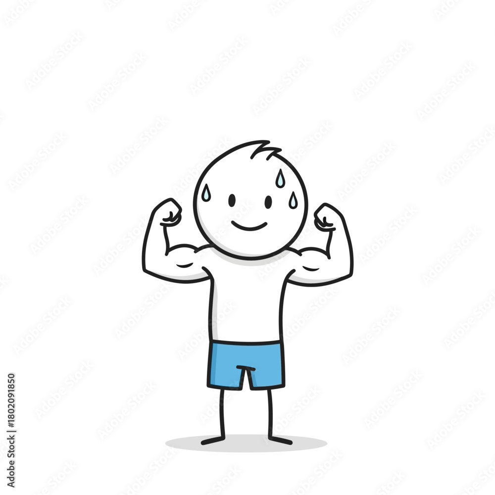 Obraz premium Cartoon character flexing muscles, showing strength and fitness, with a happy expression