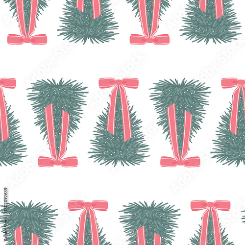 Stylish seamless pattern of hanging pine swags tied with pink bows, separated by horizontal ribbon stripes on white. Modern, elegant, and cute for fabric and holiday packaging.