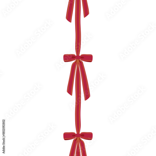 Isolated vertical seamless border of classic red ribbon garland with bows and gold trim on white background. Elegant, traditional, and festive for design elements.