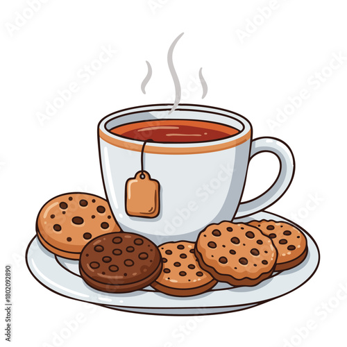 Hot tea cup with assorted cookies on a plate inviting relaxation and comfort for afternoon snacks 