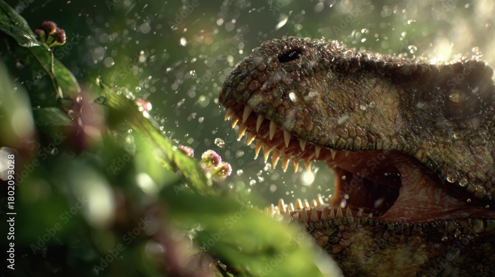 Fototapeta premium Dramatic Close-Up of a Dinosaur Predator Shark with Sharp Teeth Emerging from Water
