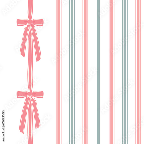 Stylish vertical seamless stripe pattern with an isolated pink ribbon garland border on the side on white. Modern, cute, and elegant for fabric, packaging, and children's decor.