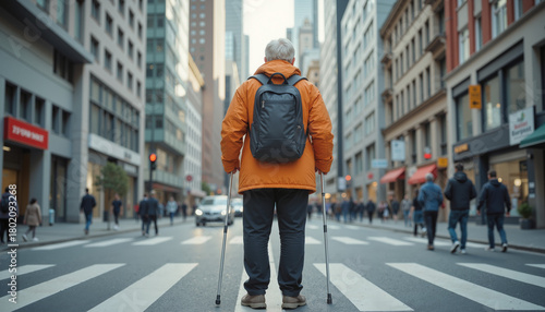 Elderly Man With White Cane at Pedestrian Crossing – Urban Safety Navigation for International White Cane Day Awareness, Accessibility Advocacy, and Mobility Independence Resources