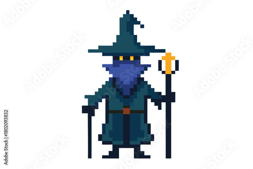 Pixelated wizard stands, wearing a robe and hat, and holding a staff with magical aura