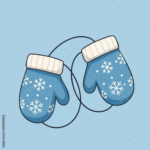 Blue winter mittens with snowflakes and a string connecting them for a cozy illustration 