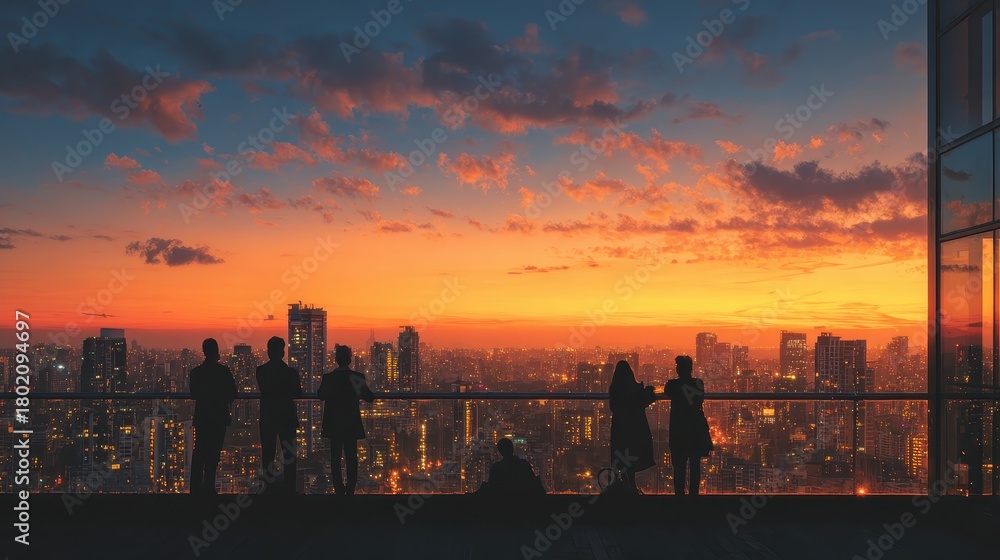 Obraz premium Group of diverse people enjoy a sunset view from a rooftop in Vancouver, Canada, while having wine