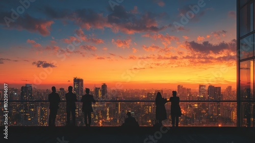 Group of diverse people enjoy a sunset view from a rooftop in Vancouver, Canada, while having wine