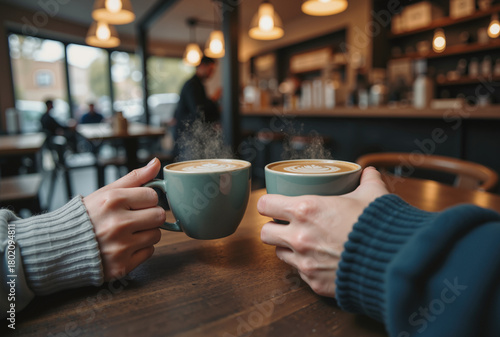 Friendship Coffee Moment – Two Colleagues With Warm Cups in Cozy Cafe for International Friendship Day Celebrations, Social Media Content, and Business Connection Imagery