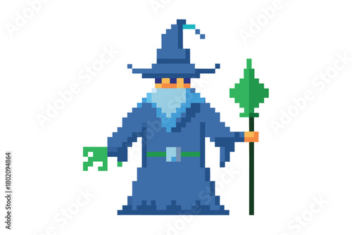 Pixelated wizard wearing blue robes and hat is holding a staff with green spear