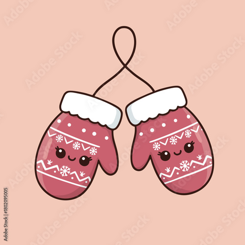 Cute winter mittens with smiling faces and decorative patterns hanging together for a joyful holiday season 