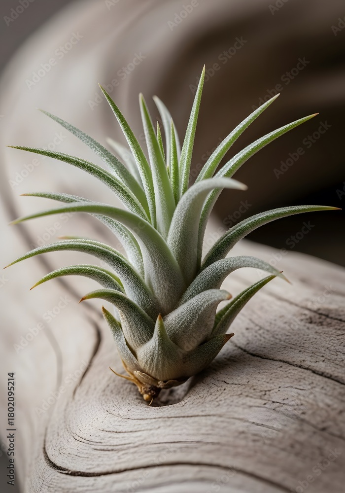 Obraz premium Close-up of an air plant (Tillandsia) with textured green leaves on natural driftwood