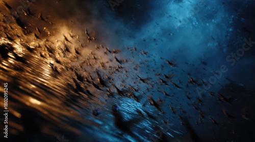 Waves and Splash of Water with Birds in Motion at Night