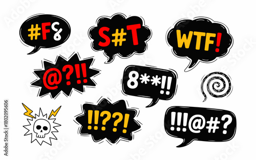 Comic Censored Expression Stickers – Hand-Drawn Speech Bubbles with Symbols and Emotive Reactions.