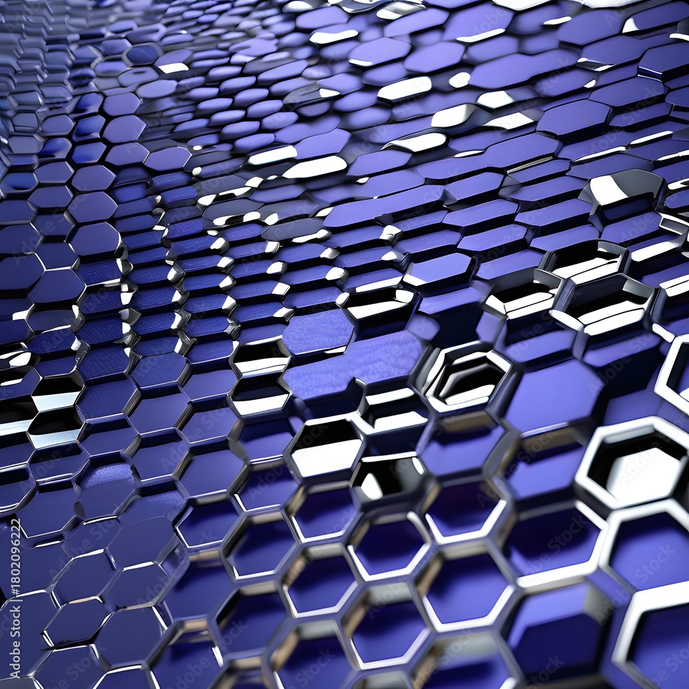Fototapeta premium Futuristic metallic honeycomb with gradient silver-to-cobalt reflections