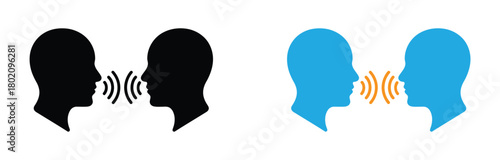 People talk and listen icon set. Communication, dialogue, and conversation symbol. Speak and listen vector illustration. Chat, voice, audio, and discussion pictogram for mobile and web interface.