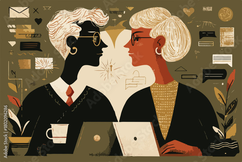 ラップトップを前に向かい合う2人の年配のビジネスウーマン、デジタルコミュニケーションとコラボレーションの概念図