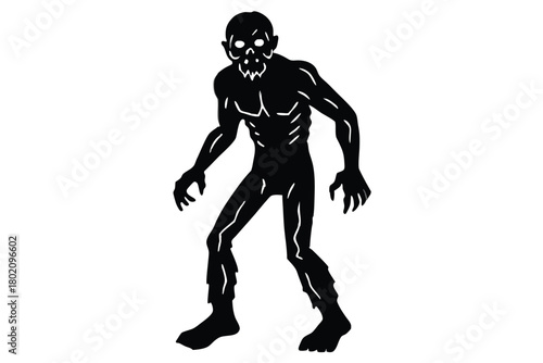 Shadowy zombie silhouette lurks, a haunting figure with bared ribs and outstretched claws