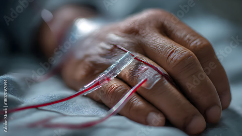 Professional close-up of hemodialysis treatment documentation with nurse recording data near male patient's hand